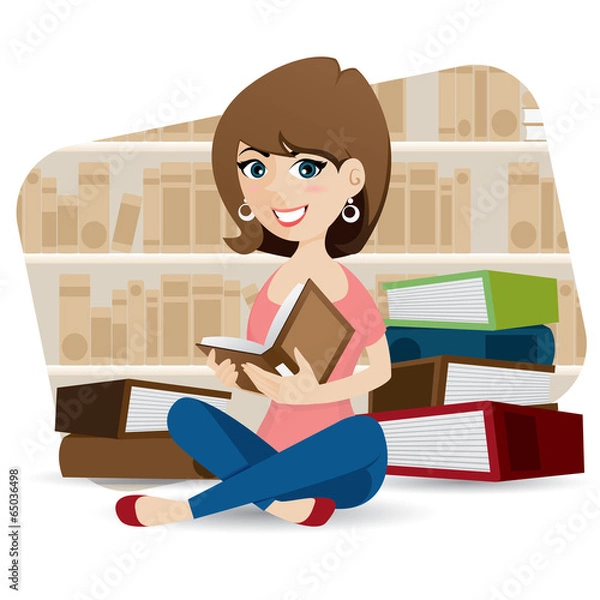 Obraz cartoon cute girl reading book in library