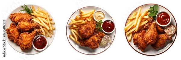 Obraz a set of fried chicken with fries and sauces on a plate isolated on a transparent background, top view