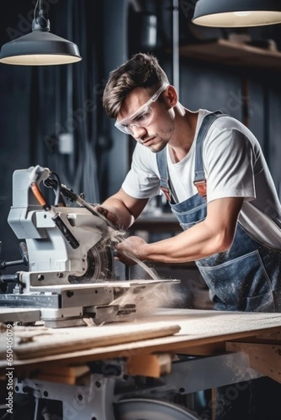 Fototapeta Young male carpenter builder working with a wooden bar with a milling machine in the workshop. Generative AI