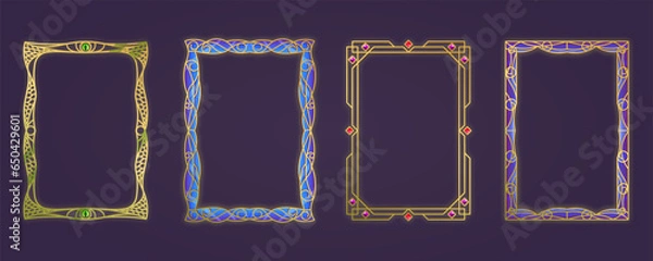 Fototapeta Set of golden vector frames in cartoon style. Gold frame in A4 format. Frame template with pattern, jewelry, stained glass, dragon scales, crystal eye. Isolated set of frames, mockup, illustration.
