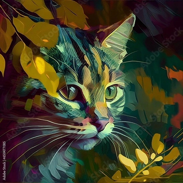 Obraz Gray cat surrounded by nature with leaves and flowers, watercolor cat painting
Image generated with artificial intelligence, AI-illustrated cat