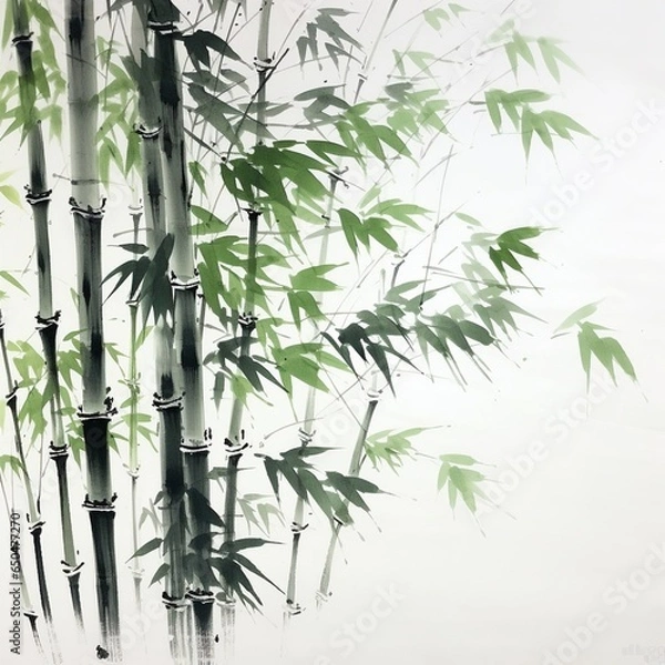 Fototapeta Generative AI : The picture painted in the traditional Japanese style. The little bird sat on a flexible stalk of bamboo in the wind in the bamboo grove