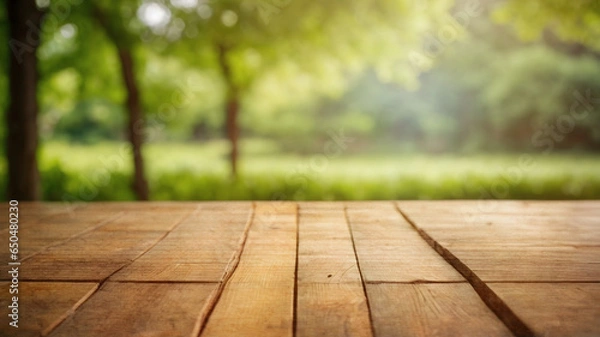 Obraz empty wood table top,  product food display, green tree garden, bokeh light, sunset background, nobody, 