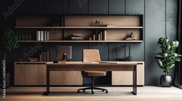 Fototapeta Interior of modern office with wooden walls, concrete floor, computer table and bookcase with folders