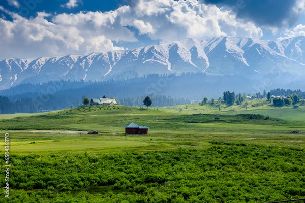 Obraz Landscape with mountains and clouds. Panorama of the mountains. Beautiful  scenic Mountain Landscape Of Gulmarg Jammu And Kashmir State India
