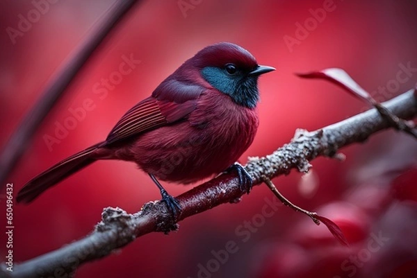 Obraz Little red bird on a tree branch