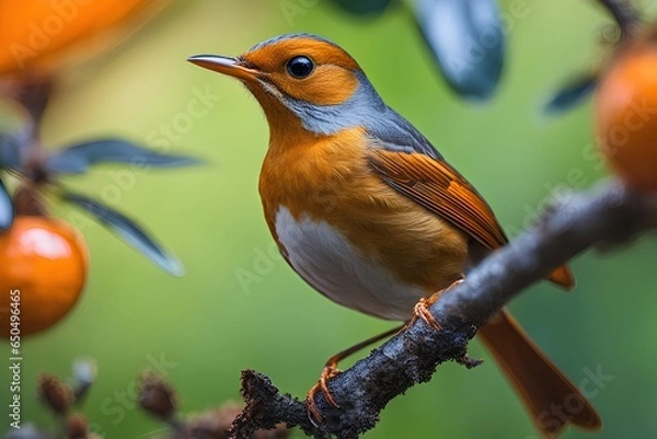 Fototapeta Orange thrush on tree branch