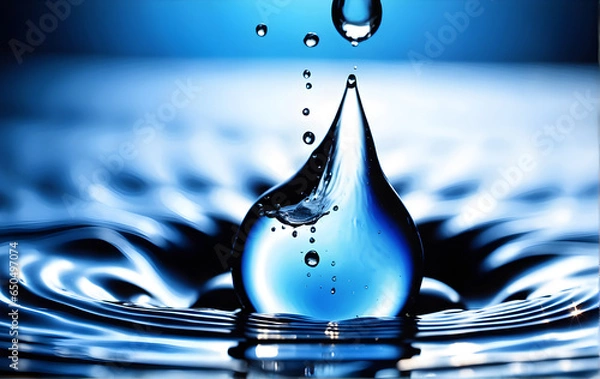 Fototapeta Waves of water drops falling to the surface of the water water droplets spread Blue background and lights