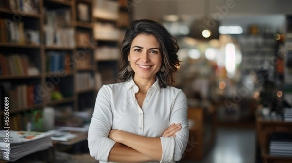 Fototapeta Happy store clerk in a bookstore. Librarian in a school library. Cafe employee smiling at work.