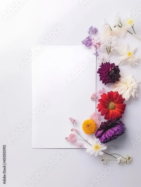 Fototapeta Vertical top view blank card with flowers Abstract organic flowers Blooming floral on white background for invitation card