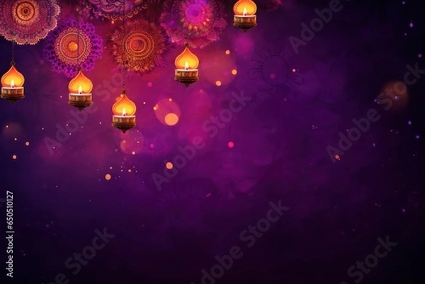 Fototapeta Diwali Poster Design, Hanging Lanterns and Lit Oil diya Lamp with Mandala Pattern Background generative ai