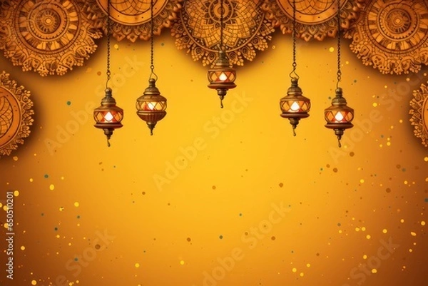 Fototapeta Diwali Poster Design, Hanging Lanterns and Lit Oil diya Lamp with Mandala Pattern Background generative ai