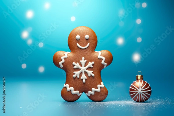 Obraz Christmas gingerbread man with snowflakes on a blue background.