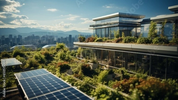 Fototapeta architecture with clean energy, solar panels, vegetation new sustainable architecture