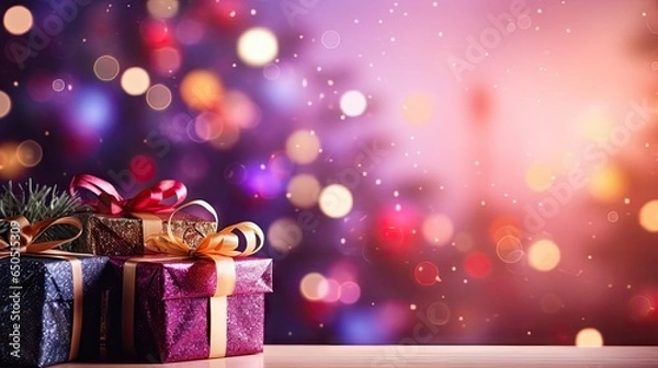 Fototapeta Happy New Year 2024, beautiful Christmas gift box with red ribbon and pine cone on table near tree, space for text