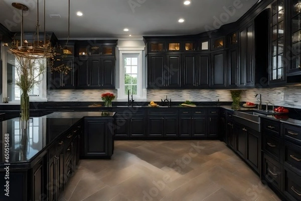 Fototapeta a kitchen with black granite or soapstone countertops for a dramatic effect