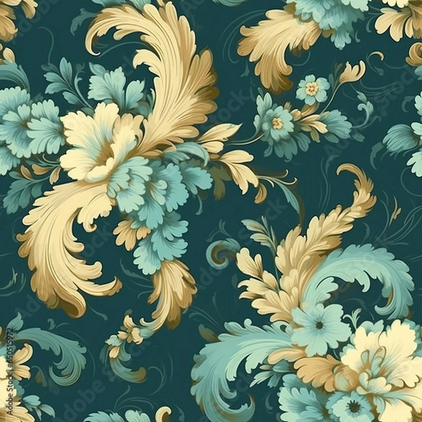 Fototapeta Beautiful classy seamless turquoise color dominant vintage pattern, AI Generated