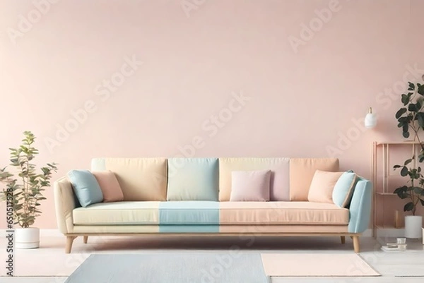 Fototapeta a Scandinavian sofa in a soft pastel color palette for a cozy feel
