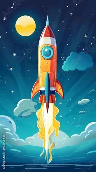 Fototapeta Rocket taking off is shown in space, surrounded by stars and the ocean below [to the Moon]