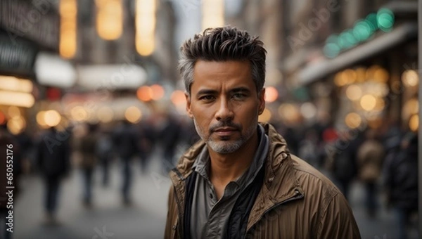Obraz In the heart of the city's daytime activity, a charismatic and impeccably groomed man stands with confidence, the vibrant street scene surrounding him creating a striking contrast to his sharp style