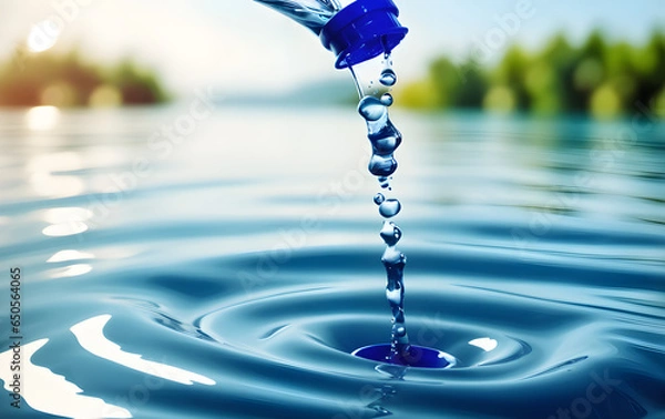 Obraz pour water into the river Create beautiful waves, water drops, and water splashes. Macro view.