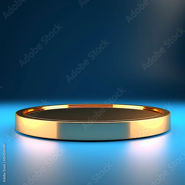 Obraz three-tiered circular golden base on a blue background for placing objects
