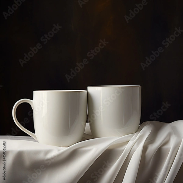 Obraz Two white mugs on an elegant dark background 