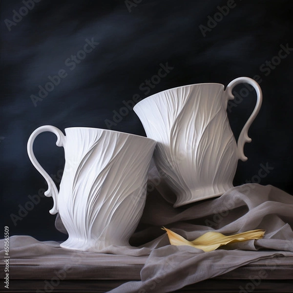 Obraz two white mugs on a elegant dark background 