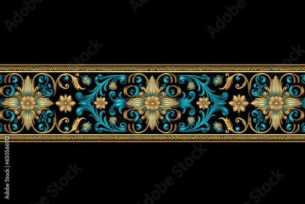 Fototapeta A blue and gold background with a border with gold and turquoise beads, Generative AI