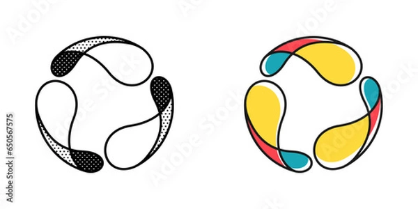 Obraz Triangle logo. Yin and yang in trinity emblem. Optical illusion sign. Retro 3D icons set with black and white polka dots and color options. Vector impossible shape for halftone label, vintage posters.