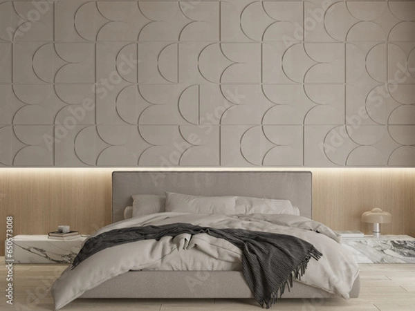 Fototapeta Modern bedroom interior with empty wall space , mock up , 3d rendering