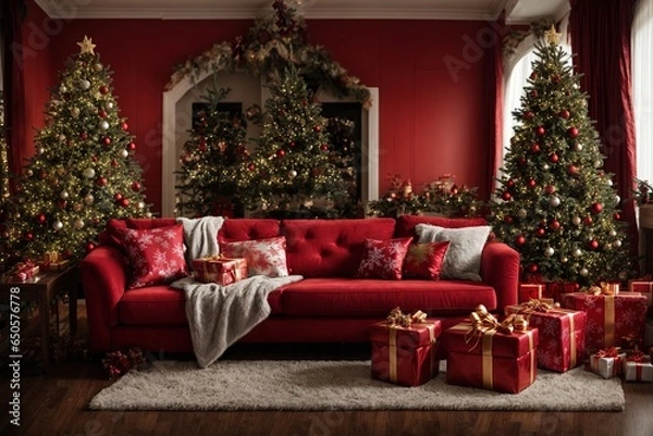 Fototapeta With a lovely crimson sofa, a plush armchair, and a Christmas tree decorated with a variety of elegantly wrapped presents, you can transform your living room into a holiday paradise.