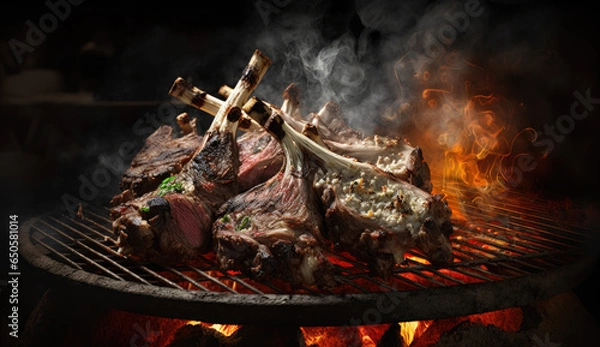 Obraz A plate of Lamb Meat food with a blue plate with a plate of food on it