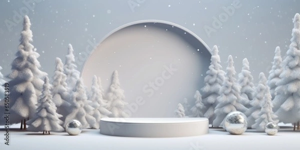 Fototapeta Winter Christmas background with fir tree and stand, podium, pedestal for product presentation