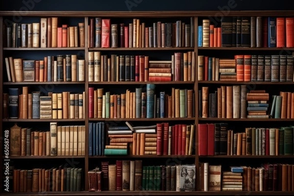 Obraz Classic wooden library with books. Education and study. Many books in an old vintage cabinet