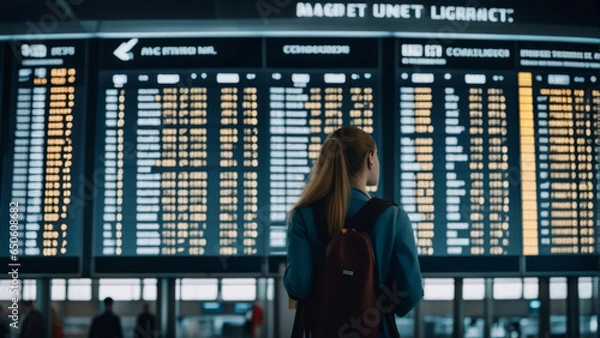 Fototapeta A young woman at an international airport looks at the flight information board and checks her fligh