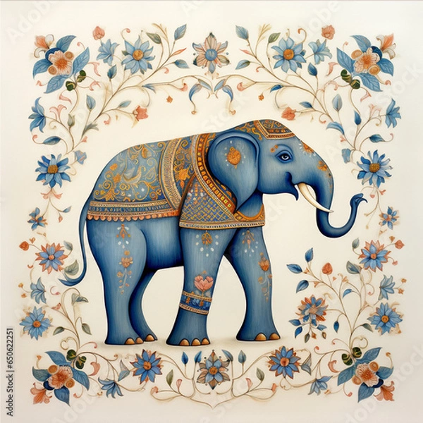 Fototapeta pattern Mughal peacock elephant painting on white background with AI generative