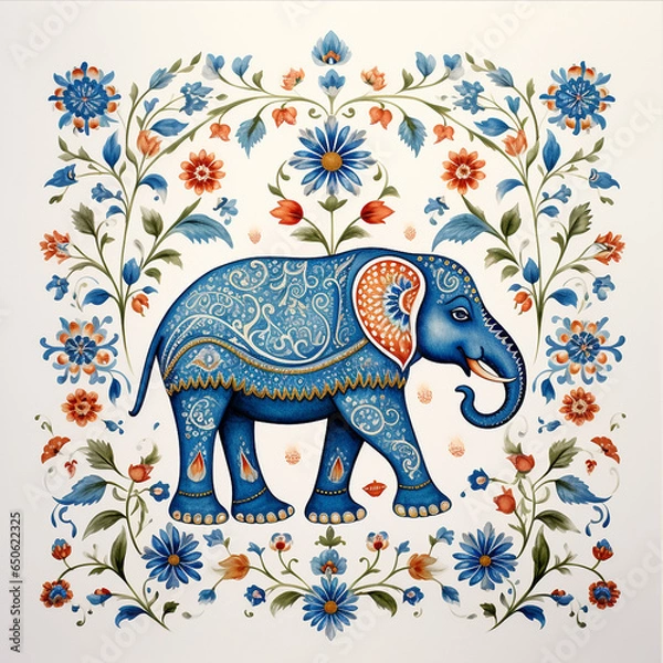 Fototapeta pattern Mughal peacock elephant painting on white background with AI generative