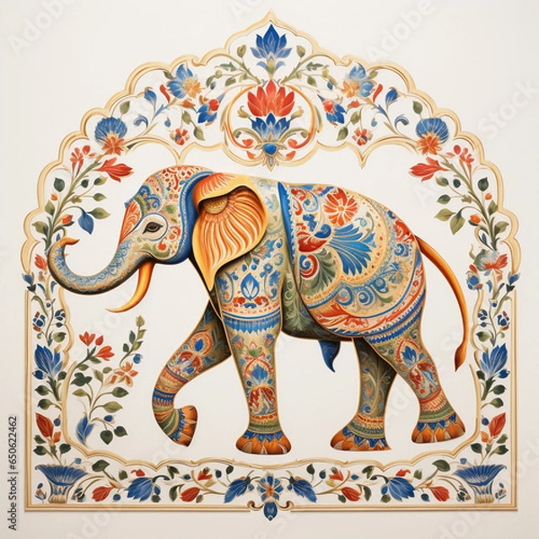 Fototapeta pattern Mughal peacock elephant painting on white background with AI generative