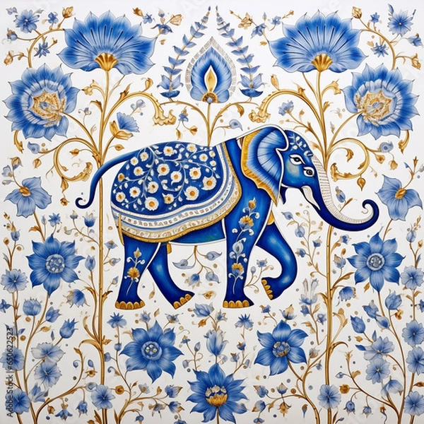 Fototapeta pattern Mughal peacock elephant painting on white background with AI generative