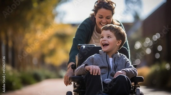 Fototapeta A beautiful little boy with a disability walks in a wheelchair with his mom at sunset. A child with disabilities