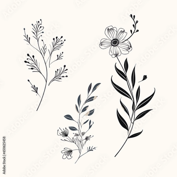 Fototapeta A hand-drawn floral branch featuring minimalist flowers, suitable for use in logos or tattoos. This elegant design incorporates delicate leaves and wedding herbs