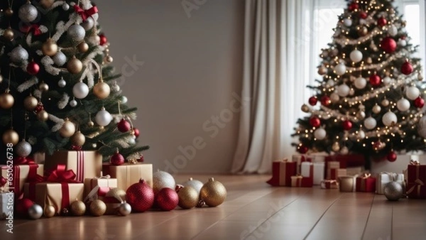 Obraz Big beautiful christmas tree decorated with beautiful shiny baubles
