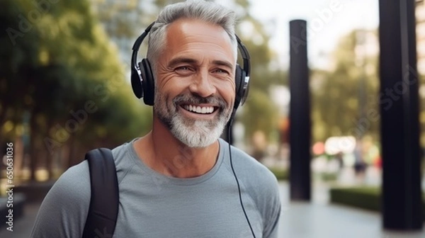 Fototapeta Happy positive mature man with broad in headphones smile while doing sport in city park- generative AI, fiction Person