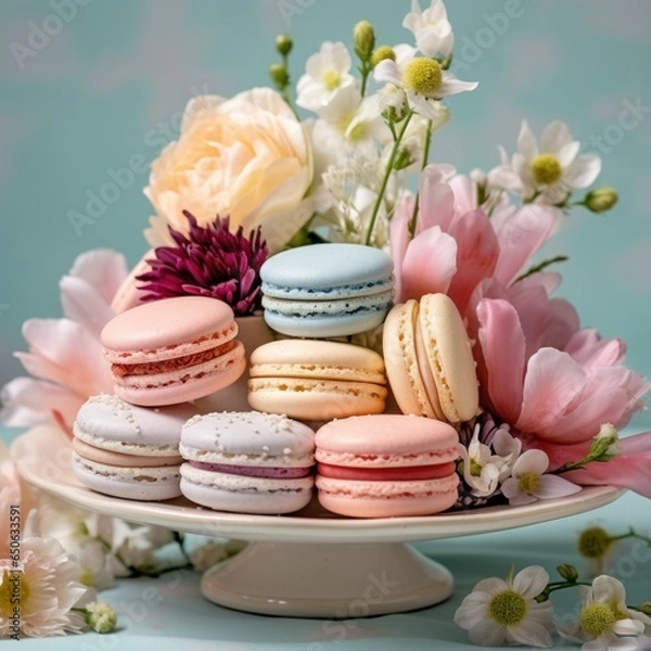 Fototapeta macaroon cake in plate and flowers