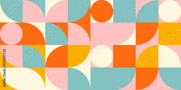 Fototapeta Retro geometric aesthetics. Bauhaus and avant-garde inspired vector background with abstract simple shapes like circle, square, semi circle. Colorful pattern in nostalgic pastel colors.