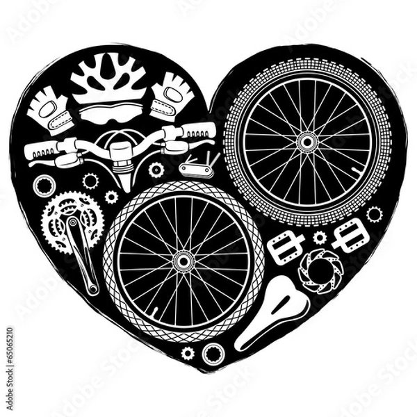 Fototapeta czarno-białe części rowerowe w kształcie serca