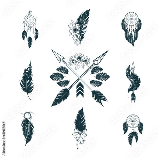 Fototapeta Hand drawn isolated set of nine ethnic design elements. Vector illustration for tattoo, print and web design.