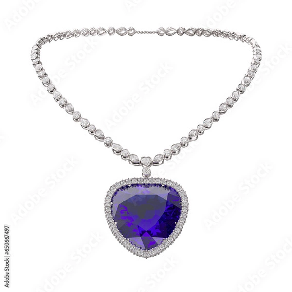 Fototapeta Luxurious necklace made of diamonds and blue sapphire in the shape of a heart. Isolated chain on a transparent background. Jewelry showcase. 3d rendering.