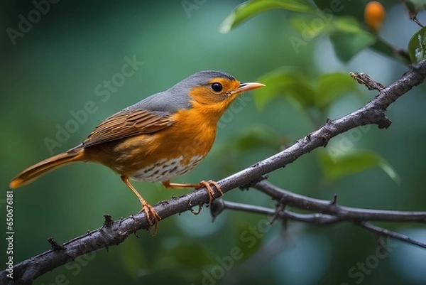 Fototapeta Orange thrush on a tree branch